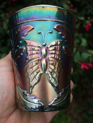 Carnival Glass.  Spectacular Green Fenton Butterfly And Fern Tumbler.  Vgc.