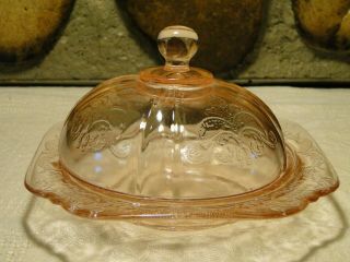 Pink Depression Style Glass Madrid Design Covered Butter Dish
