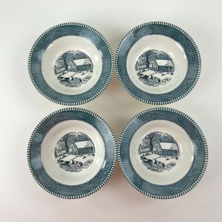 Vintage Currier And Ives Cereal Dessert Bowls Set Of 4 Early Winter Blue 6.  5 "