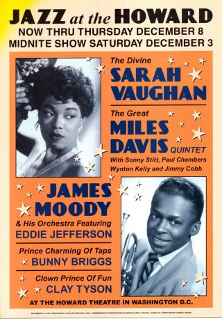 Sarah Vaughan Miles Davis Poster Swing Big Band Jazz 17 " X 24 Baltimore Md.