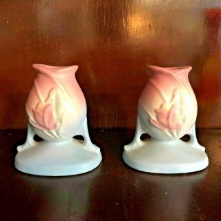 Vintage Hull Pottery Magnolia Candle Holders Pair Pink And Blue Usa 27 - 4 4.  25 "