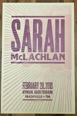 Sarah Mclachlan 2/29/19 Ryman Auditorium Hatch Show Print Poster Nashville,  Tn