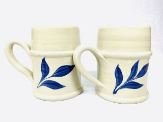 2 Williamsburg Pottery Salt Glazed Stonewear Mugs Colbalt Blue Flowers Stamped