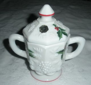 Westmoreland Vintage White Milk Glass Grape Christmas Holly Sugar Bowl Jar