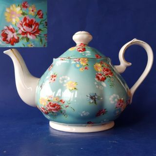 Gracie China Porcelain Teapot.  Rose & Floral Chintz On Robin Egg/aqua Blue.  Gold