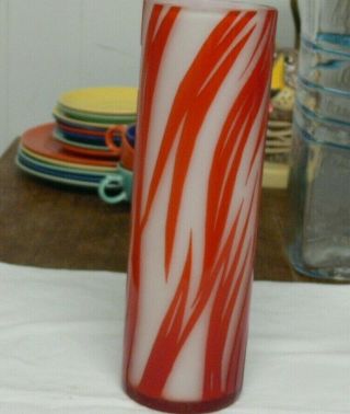 Vintage Retro Red White Striped Swirl Candy Cane Cut To Clear Cameo Glass Vase