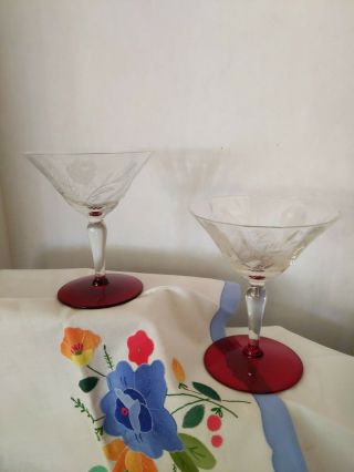 Elegant Etched Weston Glass Crystal Wine Stems Red Base Pair 5 Inches X 4 Inches