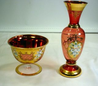 Vtg Moser Cranberry Bohemian Glass Gold Gilt Applied Flowers Vase And Compote