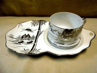 Vtg Hayasi Kutani Mt Fuji Village Japan Silver China 2pc Tea Cup Snack Plate Set