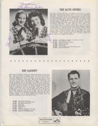 Rare Rca Victor Program Autographed Page - The Davis Sisters - Skeeter - Vintage