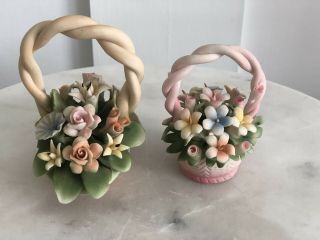 Vintage Capodimonte Italian Porcelain Basket Miniature Flower Figurine Set Of 2