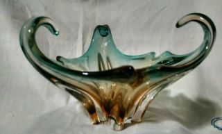 Vintage Art Glass Bowl Turquoise And Amber Italy 6 Inch Diameter 4 Inch Tall 2