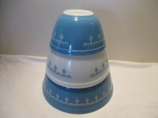 Set Of 3 Vintage Pyrex Snowflake Blue Garland Nesting Mixing Bowl 401 - 402 - 403