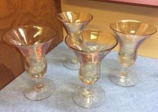 4 Shimmering Lusterware Amber Iridescent Tulip Bell Shaped Wine Glasses Stemware