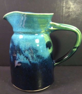 8 " Art Pottery Pitcher Or Jug,  Hand Crafted & Signed,  Colbalt & Turquoise,  Euc
