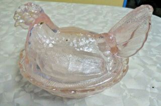 Vintage Pink Glass Chicken / Hen On A Basket Split Tail Turned Head Large Nest