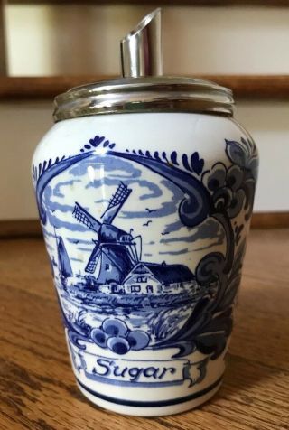 Delft Blauw Holland Hand Painted Sugar 6 " Dispenser Windmill Floral Stainless