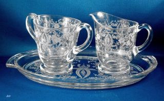 Fostoria Etched Crystal Creamer & Sugar With Matching Tray