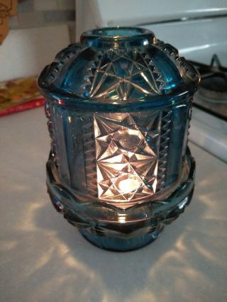 Vintage Blue Indiana Glass Homco Stars And Bars Glass Fairy Light Lamp Tea Light