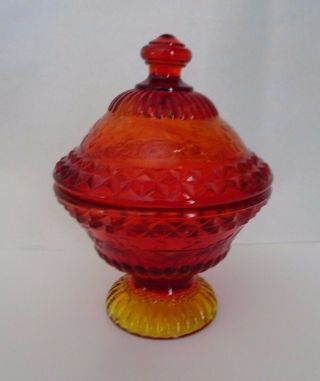 Degenhart Art Glass Wildflower Amberina Red Orange Covered Candy Dish Box 1970