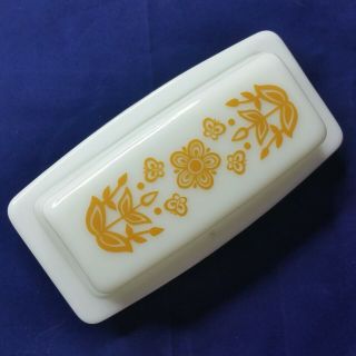Vintage Pyrex Corelle Butterfly Gold Butter Dish White Opal Patterned Lid Mcm