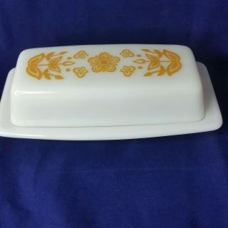 Vintage Pyrex Corelle Butterfly Gold Butter Dish White Opal Patterned Lid MCM 2