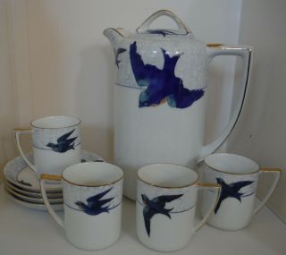 Vintage Nippon Hand Painted Bluebird Chocolate Pot W/4 Cups & Saucers Tea Set