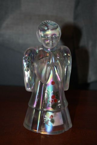 Iridescent Glass Fenton Angel With Hand Painted Holly Berries Flowers Christmas