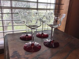 4 Vintage Weston Floral Cut Crystal Ruby Red Base 6 Oz Wine Glasses