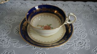 Vintage Aynsley Bone China Floral Cobalt Blue And Gold Tea Cup & Saucer,  England