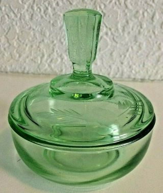 Vtg Green Glass Depression Candy Dish With Lid 4 " Tall Round Etched Hexagon Lid