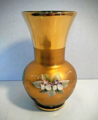 Vintage Small Venetian Italian Glass Vase In Green With 24kt Gold
