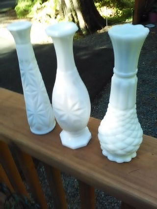 Vintage White Milk Glass Bud Vases - 3 - Various Style - 2 Starburst Pattern - 1 Hobnail