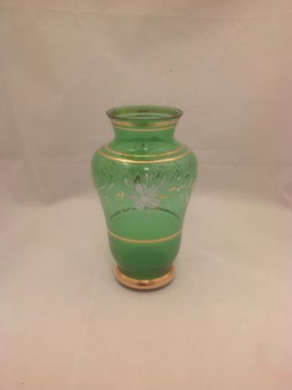 Vintage Emerald Green Bohemian Czechoslovakia Crystal Vase Gold Trim Whte Floral