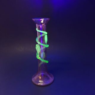 Vintage Deco Czech Glass Bud Vase Pink With Blown Green Uranium Glass Trim