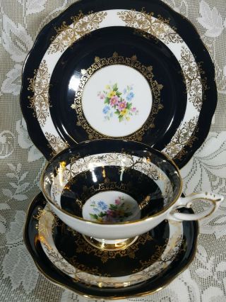 Vintage Fine Bone China Black And Gold Floral Tea Cup And Saucer Trio