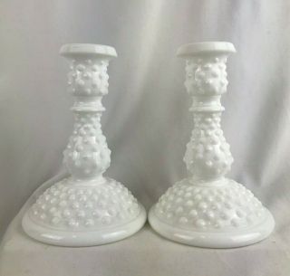Vintage Pair Fenton 6” White Milk Glass Hobnail Candle Stick Candle Holders Tall