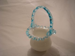Fenton Glass Basket,  6 - 1/2 " White Milk Glass W/ Aquamarine Crest & Handle