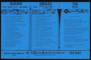 13q Wktq Pittsburgh Vintage March 2 1974 Music Survey John Denver 1