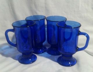 Set Of 4 Vintage Anchor Hocking Cobalt Blue Glass Irish Coffee Mugs Footed