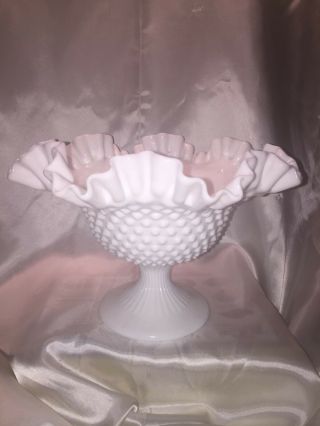 Vintage Fenton White Hobnail Ruffled Edge Milk Glass Compote Pedestal Bowl