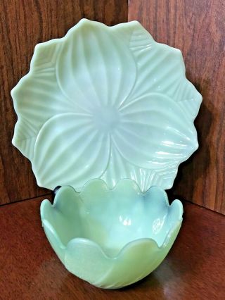 Vintage Anchor Hocking Fire King Jadeite Lotus Leaf & Blossom Bowl And Plate Set
