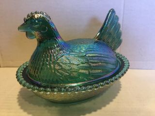 Vintage Green Carnival Glass Hen On Nest Covered Dish.