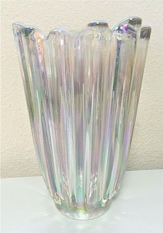 Vintage Federal Glass Co.  8 " Celestial Carnival,  Iridescent Ribbed Glass Vase