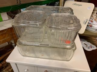 Set Of 4 Vintage Glass 8.  5 ",  81/2 " X 4 & 4 " X 4 " Ribbed Refrigerator Dish