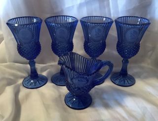 Fostoria Avon Martha Washington 4 Sapphire Cobalt Blue Goblets Creamer Glasses