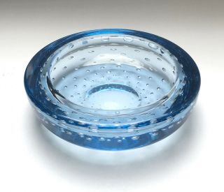 Vintage Whitefriars Hand Blown Glass Bowl With Controlled Bubbles Sapphire Blue