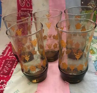 Set Of 5 Vintage Libbey Amber Glass Butterfly Gold Pattern 12 Oz Tumblers