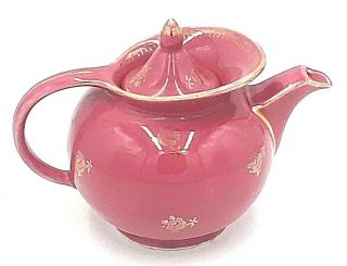 Vintage Hall China 6 Cup " Windshield " Teapot Maroon With Gold Rose Design
