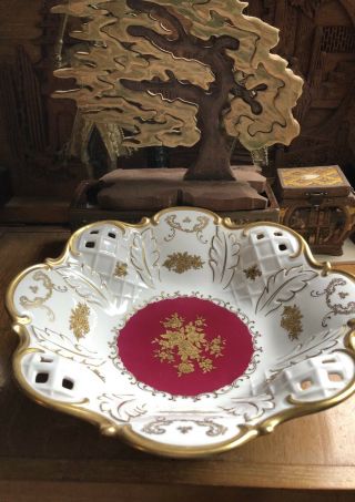 Ceramic Footed Serving Fruit Bowl With Floral Design Gold Trim - Made In Germany